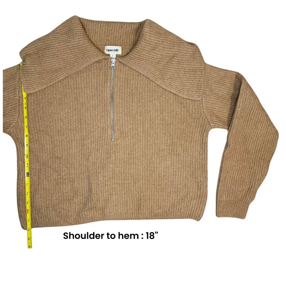 Open Edit Rib Half Zip Sweater Long Sleeve In Tan - Picture 3 of 5